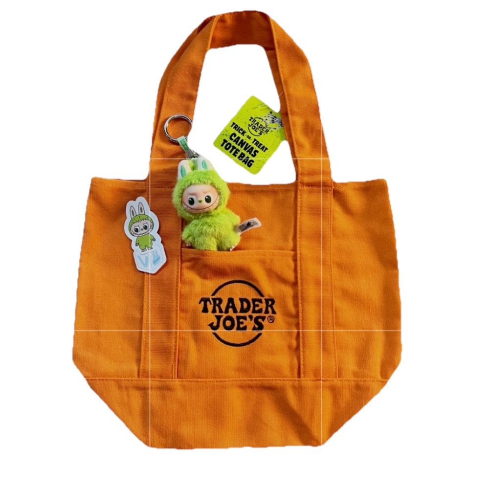 Set of TraderJoe's Trick or Treat Mini Canvas Tote Bag & Labubu Pin of Love “V”